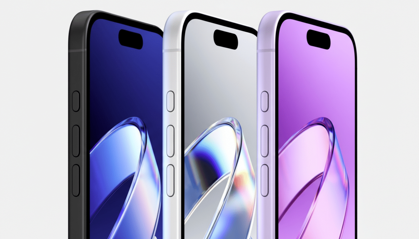 Three smartphones in black, white, and purple, displayed at a slight angle, showcasing their screens with abstract, colorful wave patterns.