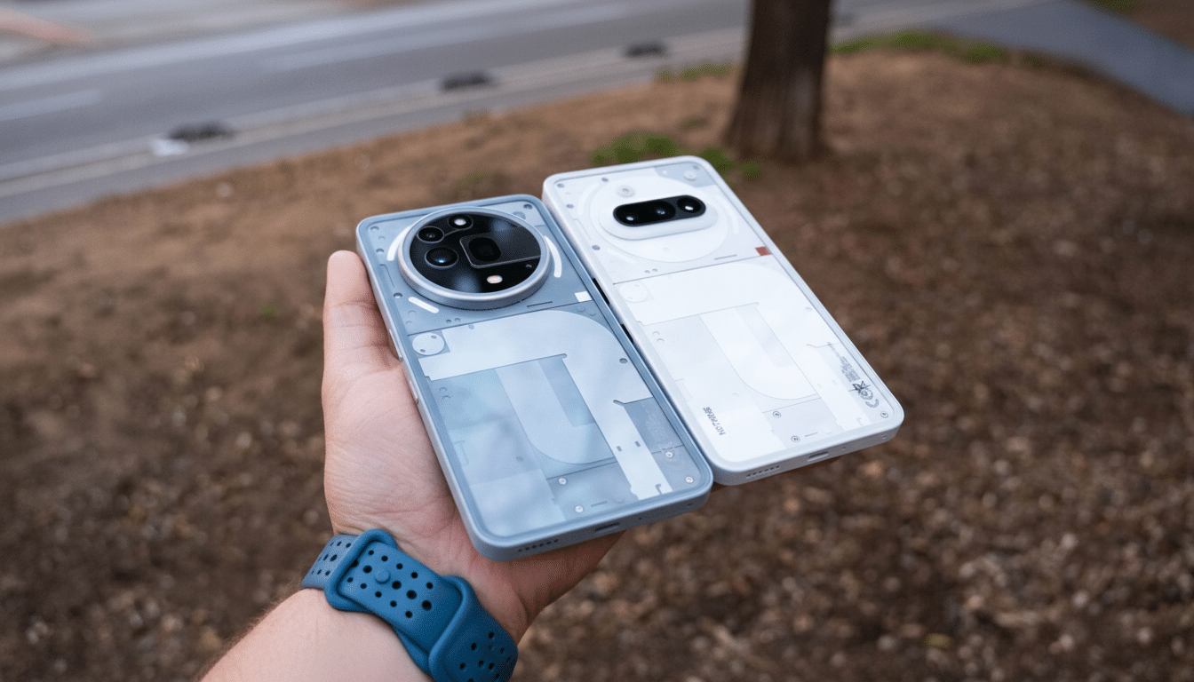 A hand holding two smartphones, one with a transparent back revealing internal components and a large circular camera module, and another with a similar transparent design and a rectangular camera module.