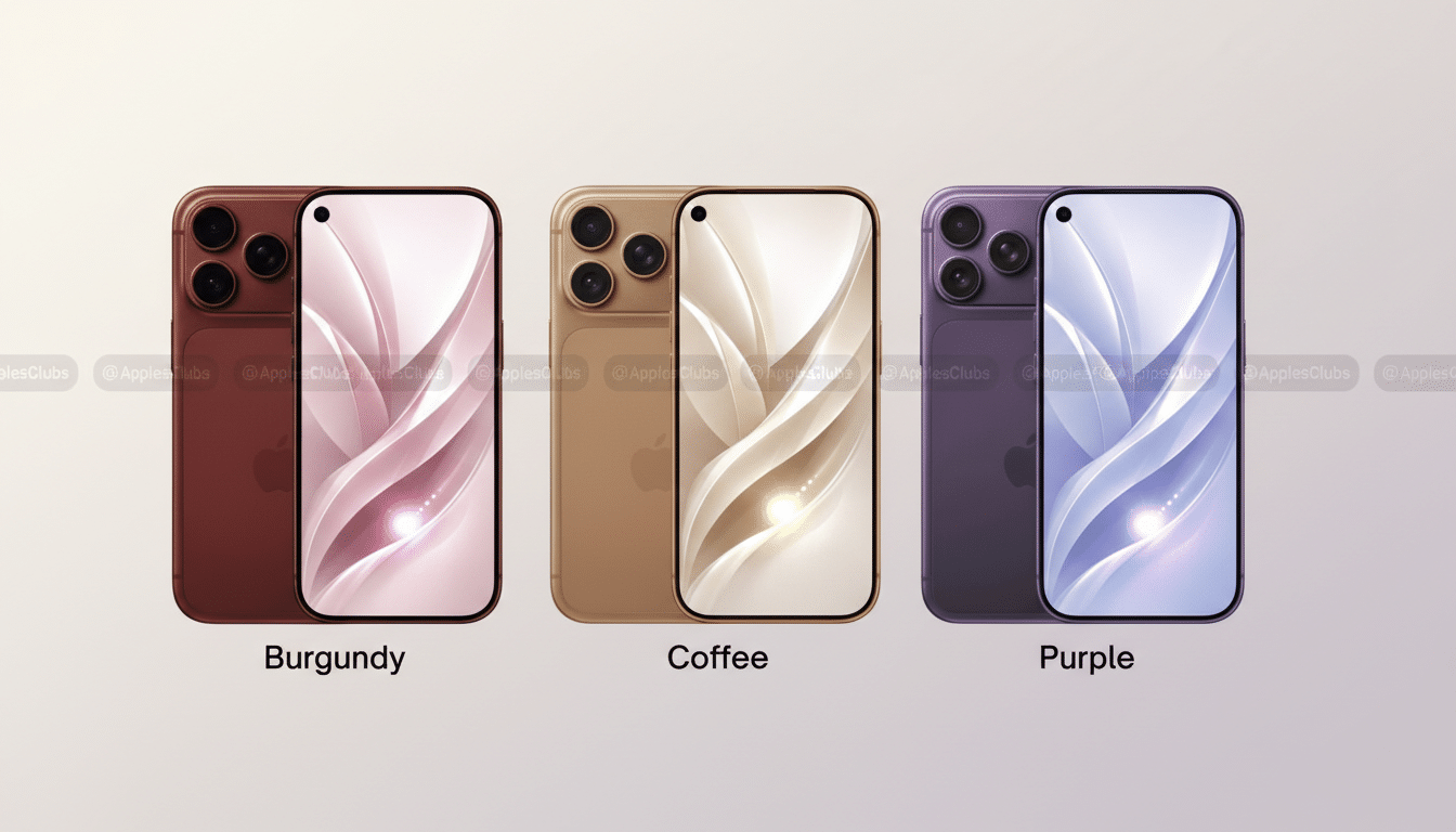 Three iPhones in Burgundy, Coffee, and Purple colors, each with a matching wallpaper, presented on a professional flat design background with soft gradients.