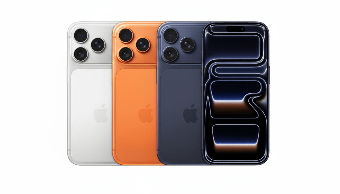 Four smartphones in white, orange, dark blue, and black, arranged in a row against a white background.