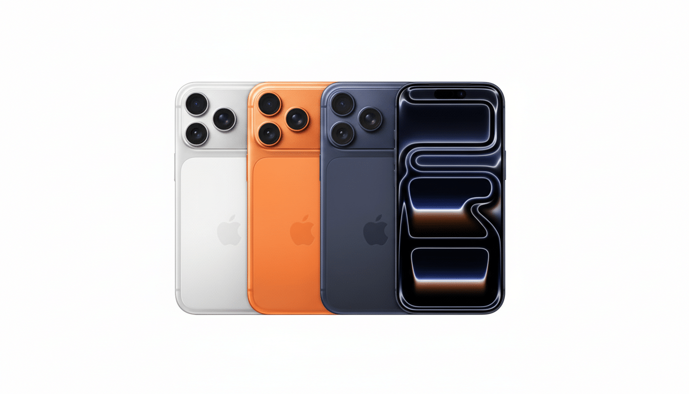 Four smartphones in white, orange, dark blue, and black, arranged in a row on a white background.