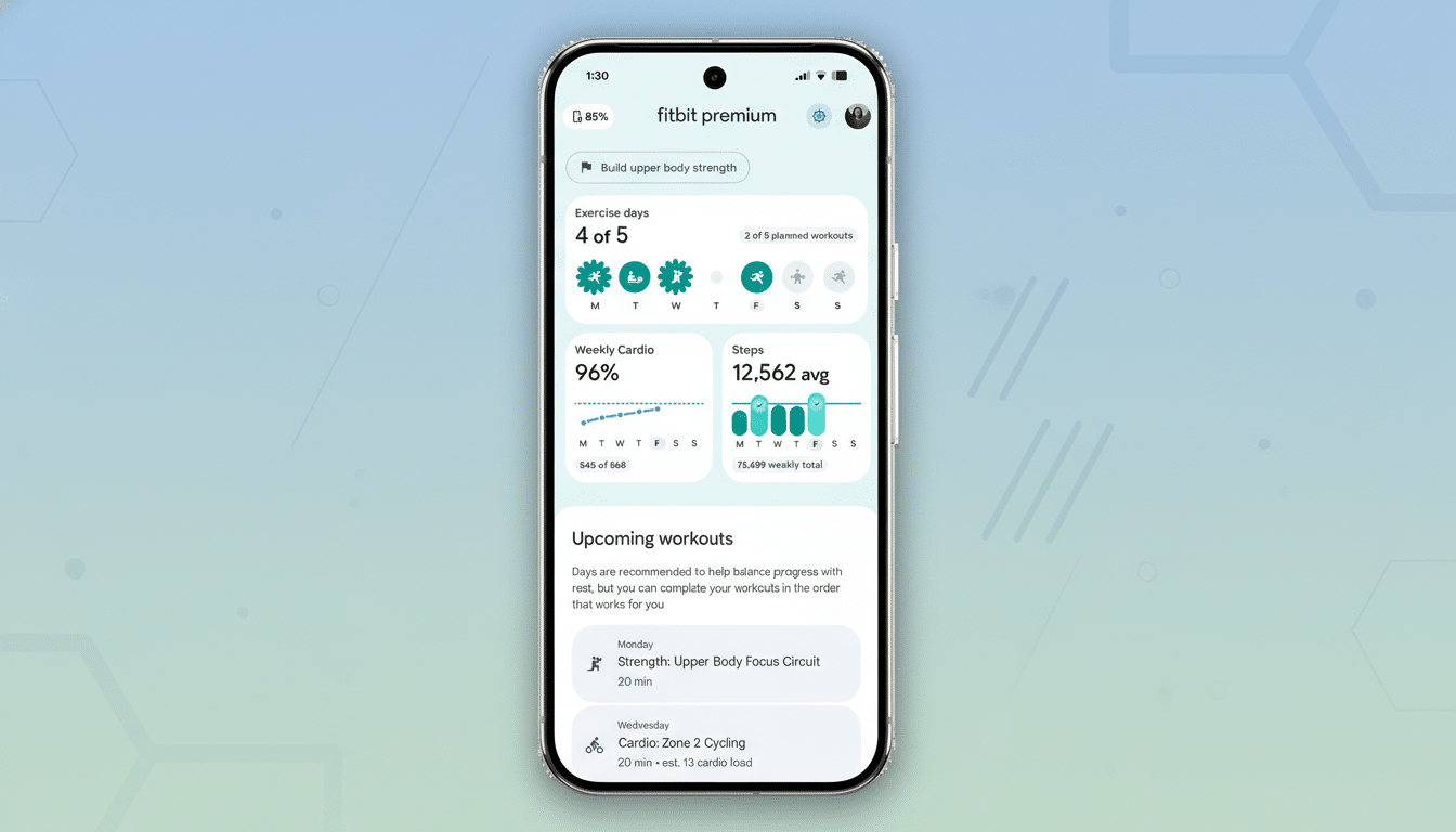 A smartphone displaying the Fitbit Premium app interface, showcasing exercise days, weekly cardio progress, steps taken, and upcoming workouts, set against a professional flat design background with soft patterns.