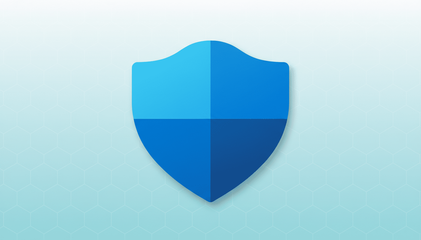 A blue shield icon with a subtle shadow, set against a light blue background with a faint hexagonal pattern.