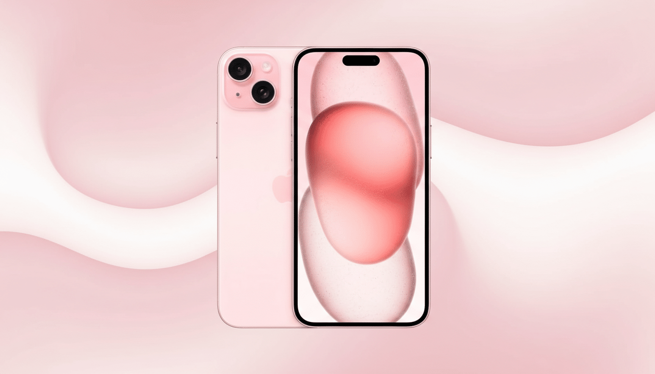 A pink iPhone 14 and iPhone 14 Plus are displayed against a soft pink background with subtle, flowing patterns.