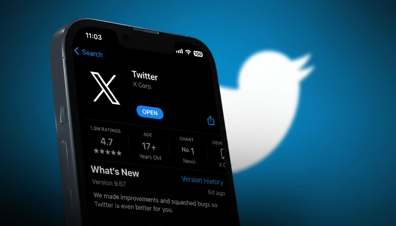 A close-up of an iPhone screen displaying the Twitter app page with the new X logo, set against a blurred background of the classic Twitter bird logo.
