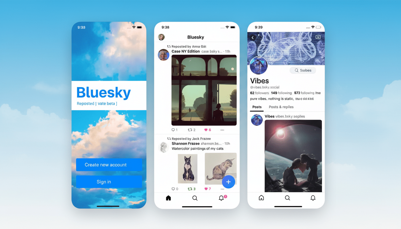 Three smartphone screens displaying the Bluesky social media app. The first screen shows the login page with a blue sky and clouds background. The second screen displays a feed with posts, including a painting of a landscape and two watercolor paintings of cats. The third screen shows a profile page for Vibes with a background image of a butterfly and a post featuring a person looking at Earth from space.