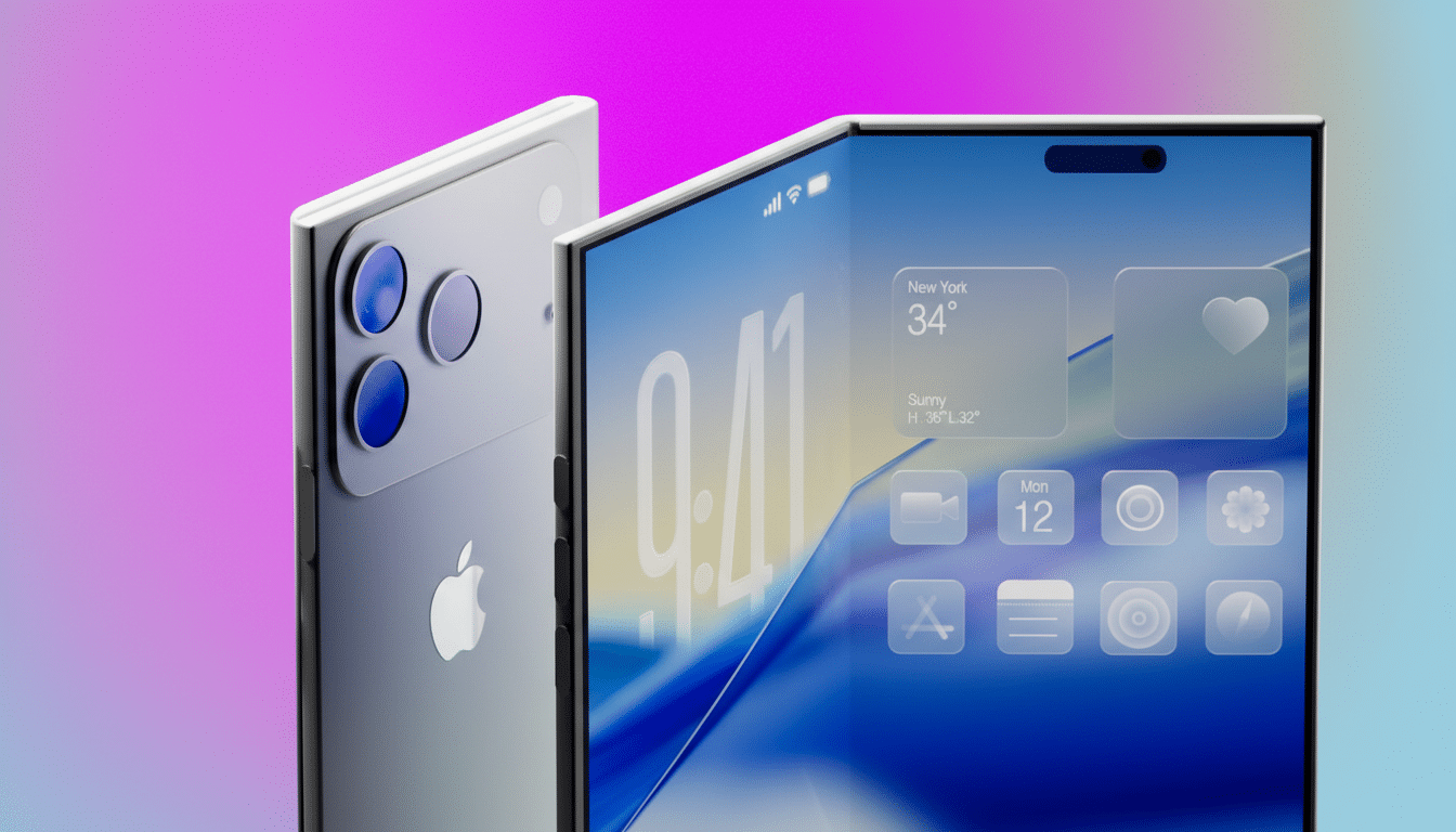 A close-up, professionally enhanced image of two iPhones, one facing forward displaying a home screen with widgets and app icons, and the other showing its back with a triple camera setup and the Apple logo. The background is a gradient of pink and light blue.