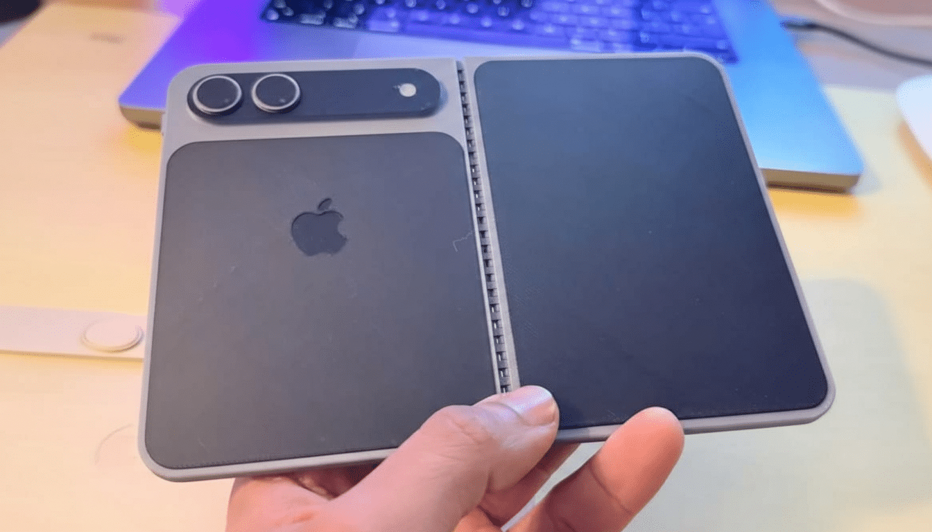 A hand holding a foldable phone with an Apple logo on the back, resized to a 16:9 aspect ratio.