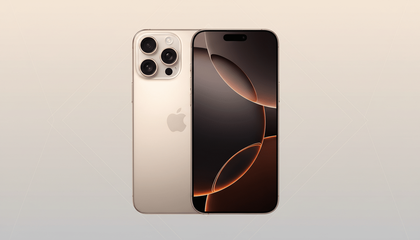 A gold iPhone 15 Pro Max, with its front and back visible, set against a professional flat design background with soft patterns and gradients.