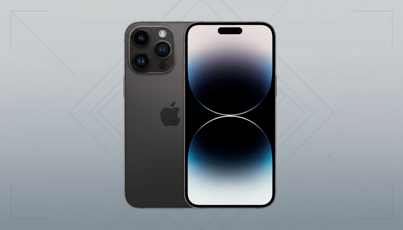 A dark gray iPhone 14 Pro Max shown from the front and back, with a professional flat design background featuring subtle geometric patterns.