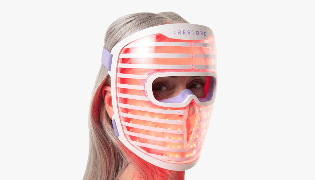 A woman with gray hair wearing an iRESTORE light therapy mask with glowing red lights, looking to the side.