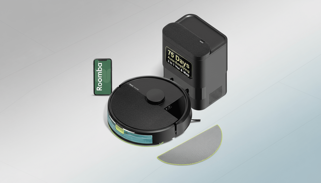 A black iRobot Roomba robot vacuum and mop with its auto-emptying base, a smartphone displaying the Roomba app, and a mop pad, all presented on a professional flat design background with soft gradients.