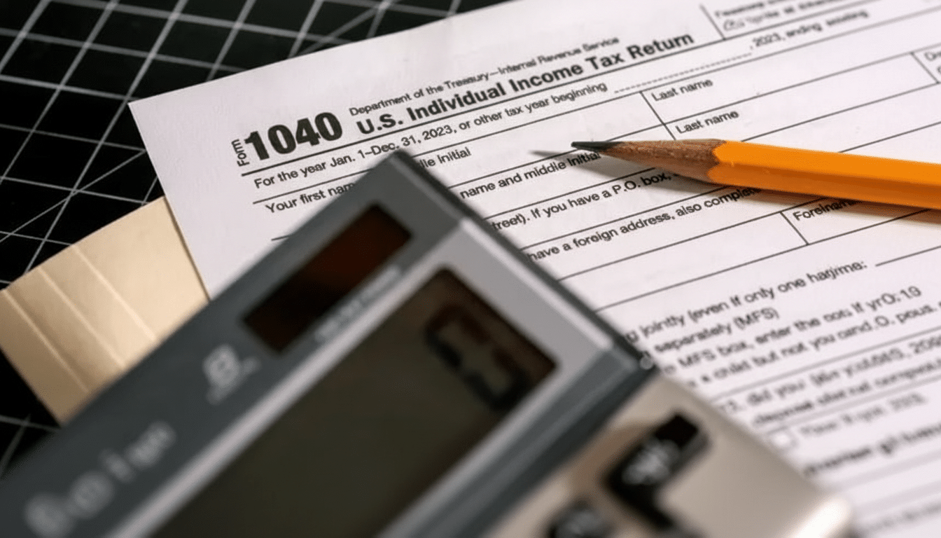 A close-up of a U.S. Individual Income Tax Return Form 1040, a pencil, and a calculator, resized to a 16:9 aspect ratio.