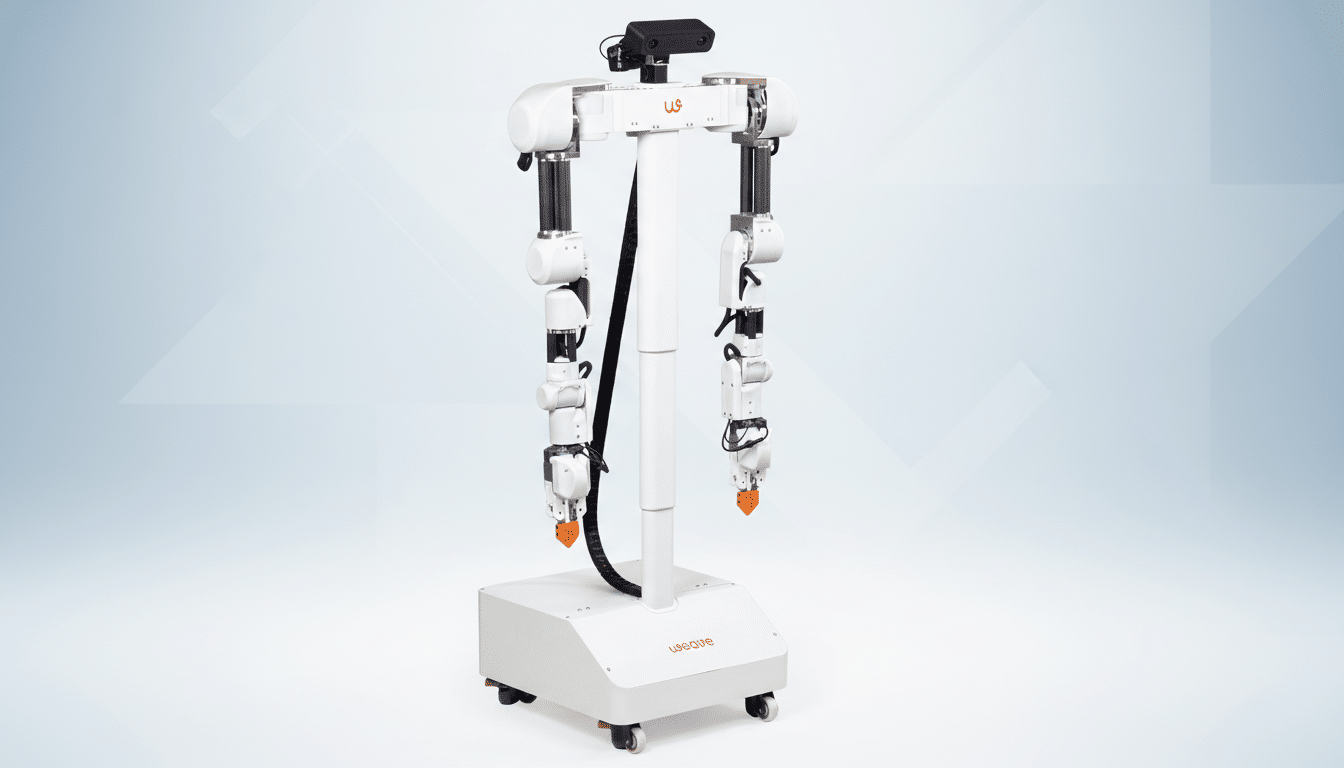 A white robotic arm with two manipulators, standing on a wheeled base, presented against a professional light gray and blue gradient background.