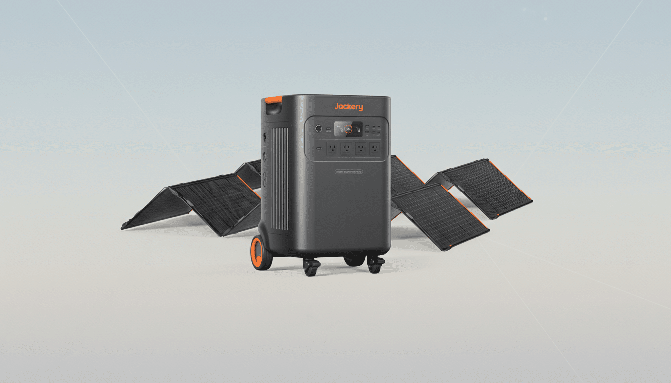 A Jackery portable power station with solar panels, presented on a professional flat design background with soft gradients.