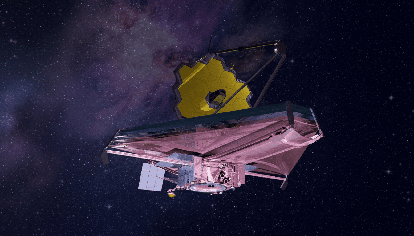 The James Webb Space Telescope in space, with its golden primary mirror and large sunshield, set against a starry background with a purple nebula.