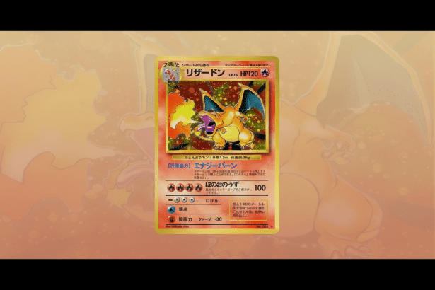 A 16:9 aspect ratio image featuring a Pok&eacute;mon trading card of Charizard, centered on a soft, gradient background of orange and yellow hues.