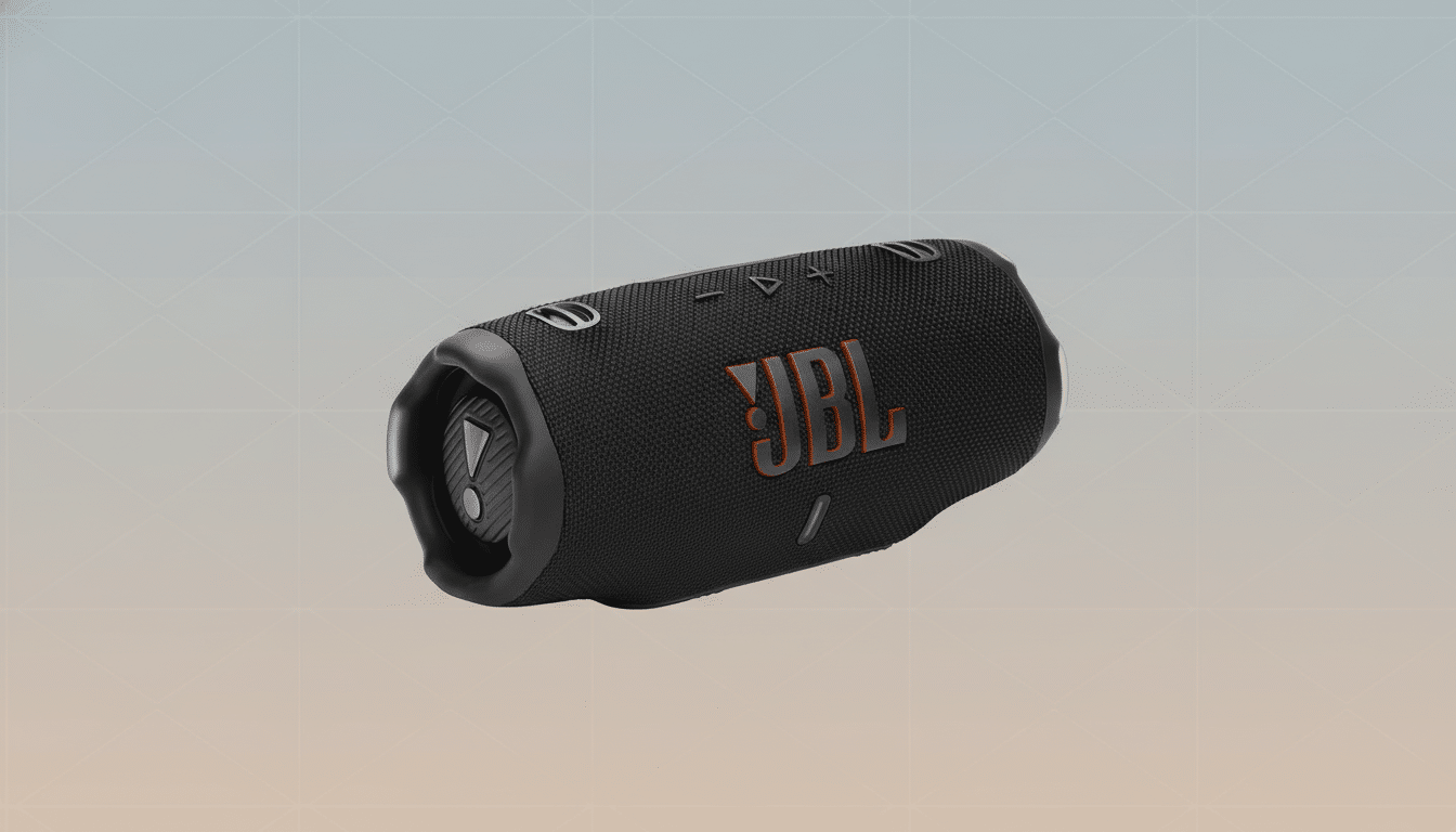 A black JBL Charge 5 portable Bluetooth speaker with an orange JBL logo, presented on a professional flat design background with soft gradients and subtle geometric patterns.