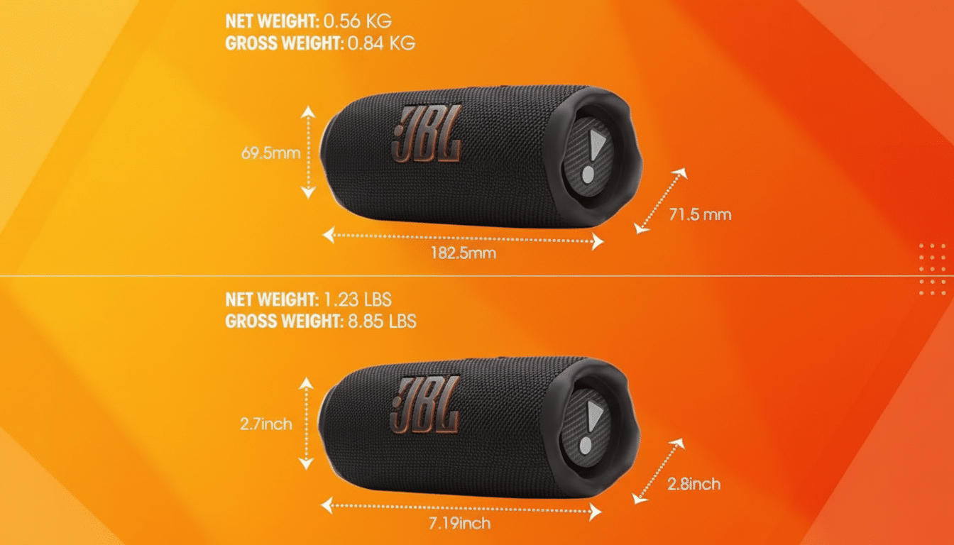A black JBL speaker with dimensions and weight specifications in both metric and imperial units, set against a professional orange and yellow gradient background with subtle white dot patterns.