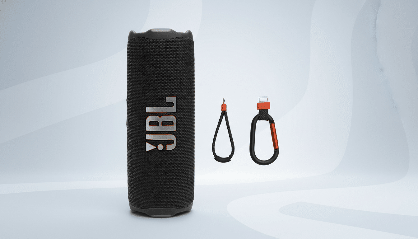 A black JBL Flip 6 portable Bluetooth speaker with an orange logo, accompanied by a black and orange carabiner and a black wrist strap, all set against a professional light gray background with subtle, soft patterns.