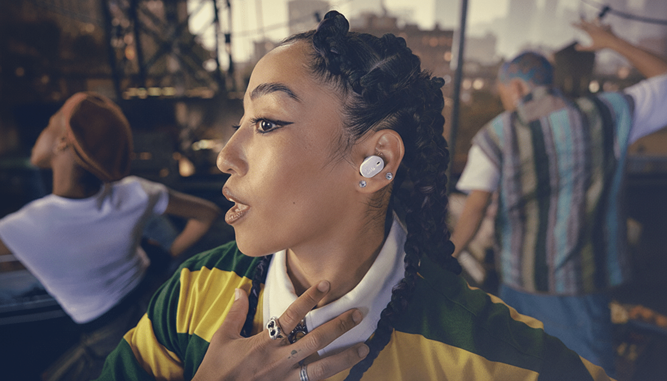 A woman with braided hair wearing a white earbud in her right ear, looking to the right with her mouth slightly open. She is wearing a green and yellow striped shirt over a white collar, and has rings on her fingers. In the blurred background, other people are visible.