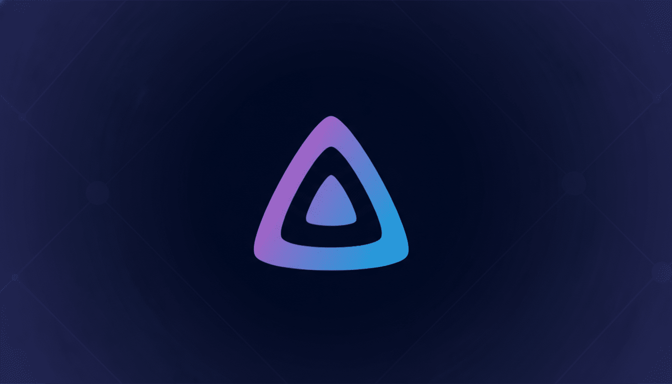 A gradient purple and blue triangular logo with a smaller triangle inside, set against a dark blue background with subtle geometric patterns.
