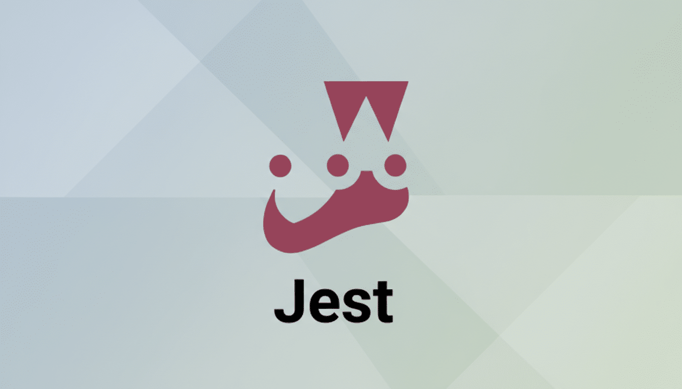 The Jest logo, featuring a stylized jesters hat in dark pink above the word Jest in black, set against a professional flat design background with soft geometric patterns and a subtle gradient.