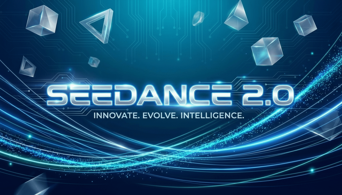 The Seedance 2.0 logo with the tagline INNOVATE. EVOLVE. INTELLIGENCE. is centered on a dark blue background with glowing circuit board patterns and abstract geometric shapes.
