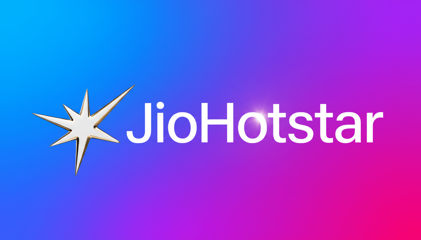 The JioHotstar logo, featuring a white starburst icon with gold trim on the left, and the word JioHotstar in white text on the right, all set against a vibrant gradient background that transitions from blue on the left to purple and then pink on the right. The image has been resized to a 16:9 aspect ratio.