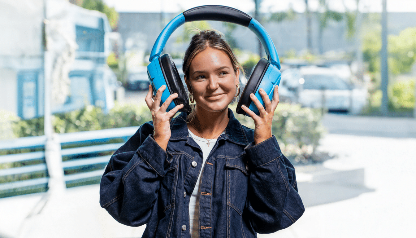 A young woman with light brown hair, wearing a denim jacket and a white t-shirt, holds large blue and black headphones over her ears. She is smiling slightly and looking to her right. The background is a blurred outdoor scene with buildings and greenery.