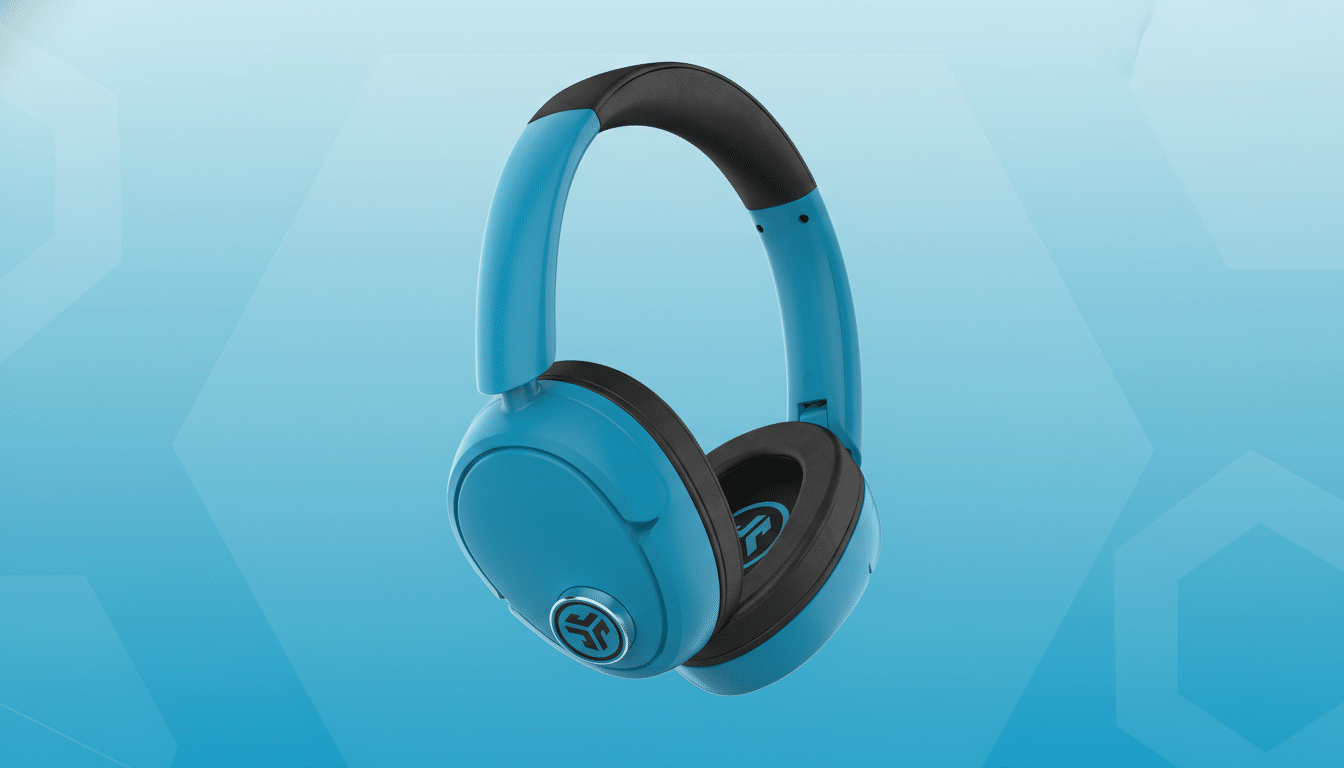 A pair of blue and black headphones with a logo on the earcups, presented on a professional flat design background with soft blue patterns and gradients.