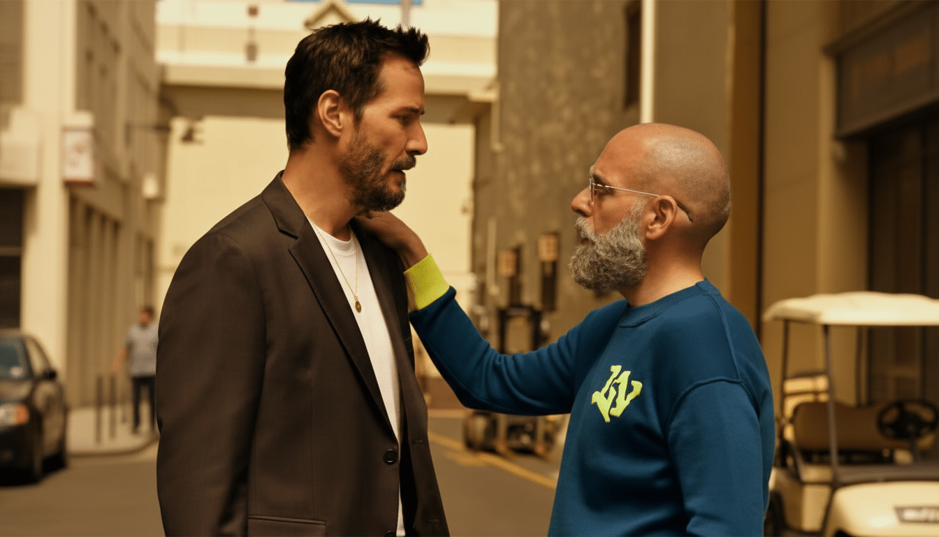 Two men, one with a beard and dark suit, and another bald with a white beard and blue sweatshirt, stand facing each other in an urban setting.