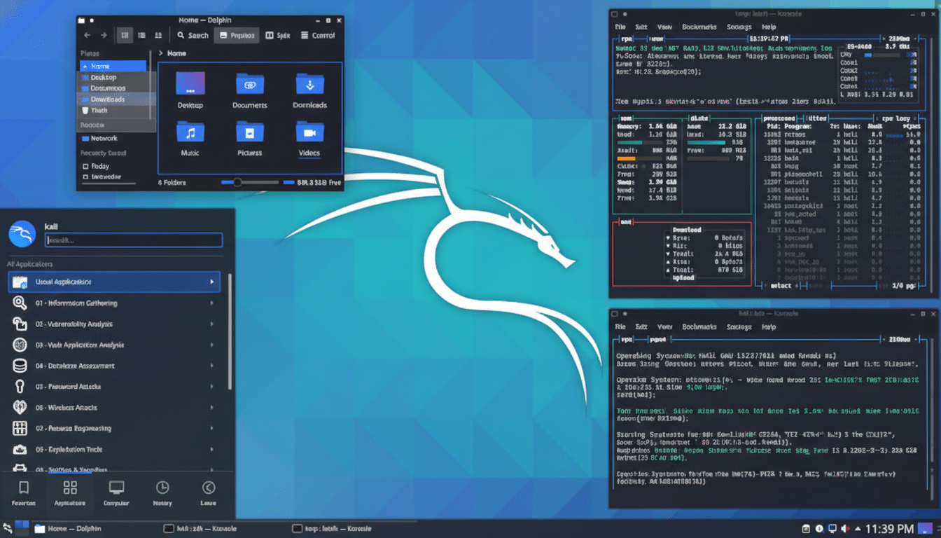 A screenshot of a Kali Linux desktop environment with several windows open, including a file manager, a terminal displaying system information, and an application launcher.