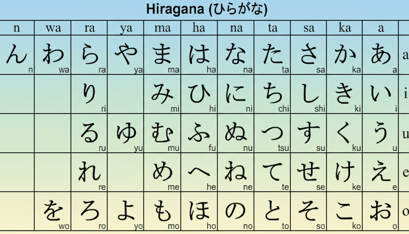 A Hiragana chart with a soft gradient background, resized to a 16:9 aspect ratio.