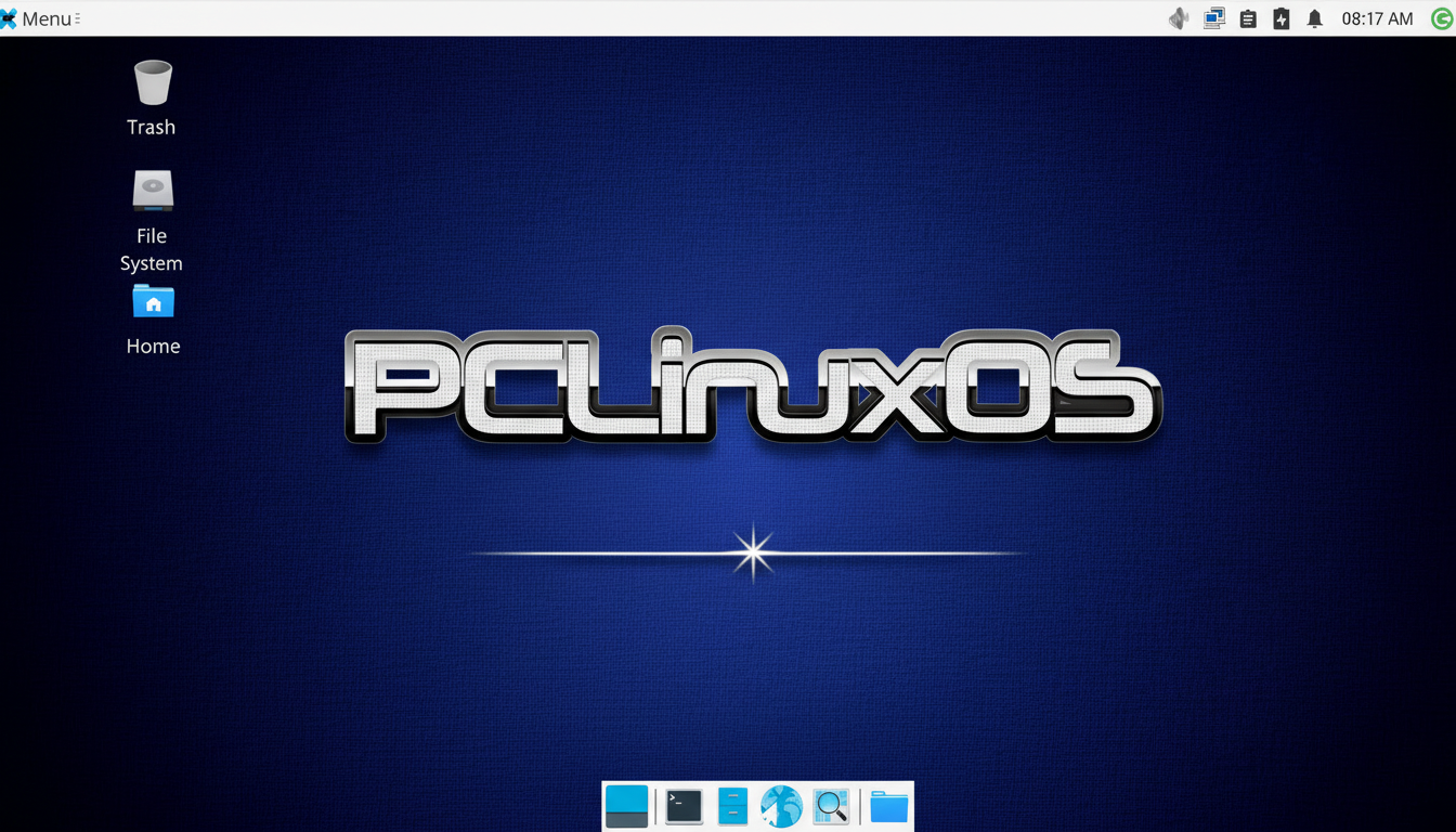 A resized and enhanced screenshot of the PCLinuxOS desktop, featuring the operating systems logo prominently in the center against a blue textured background.