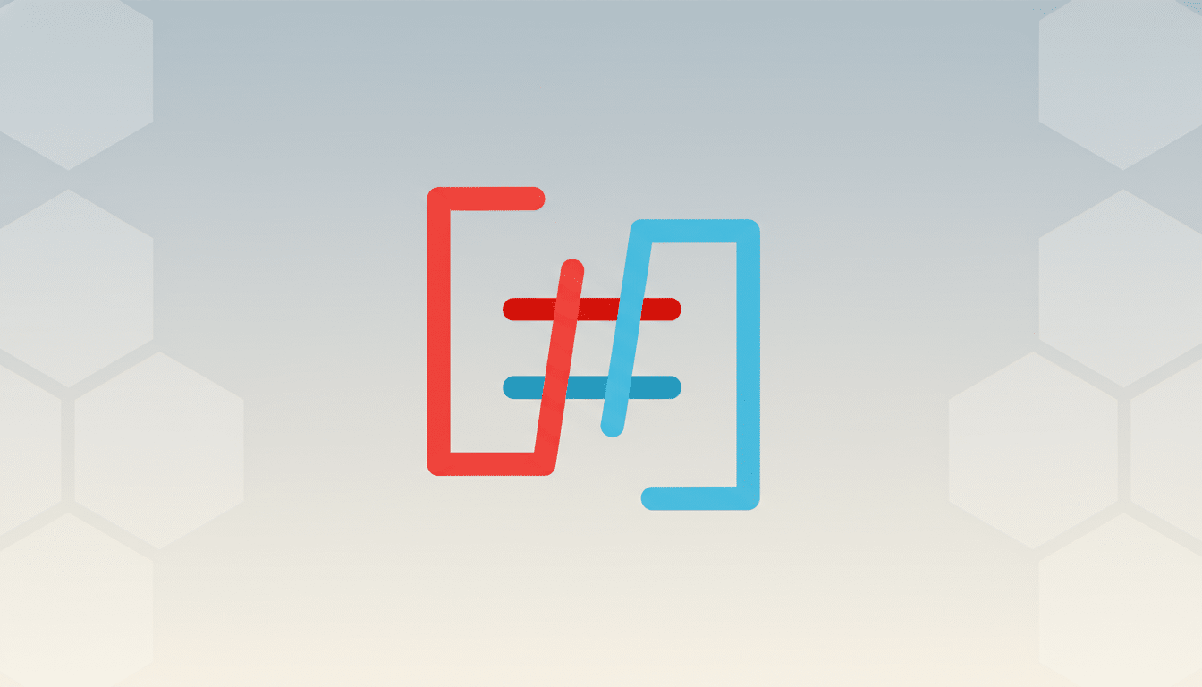 A red and blue icon resembling a hashtag or a symbol for not equal to, centered on a professional flat design background with soft gray and beige gradients and subtle hexagonal patterns.