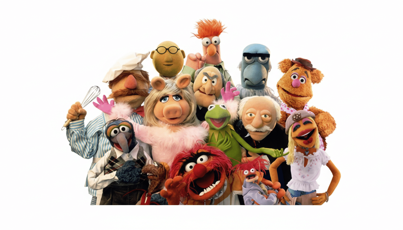 A group of Muppets, including Miss Piggy, Kermit the Frog, Fozzie Bear, Gonzo, Animal, and others, are arranged in a group shot with a white background.