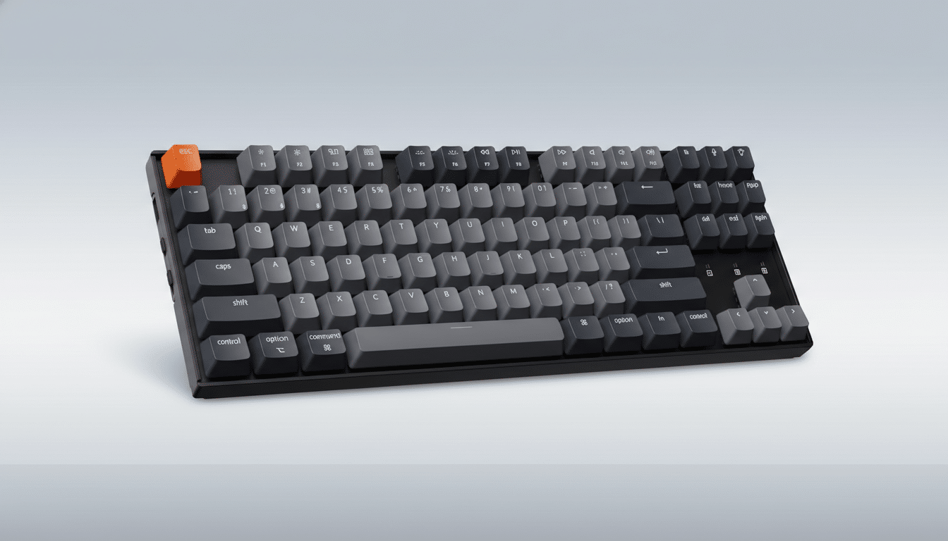 A professional, enhanced image of a dark grey mechanical keyboard with an orange esc key, set against a clean, light grey gradient background.