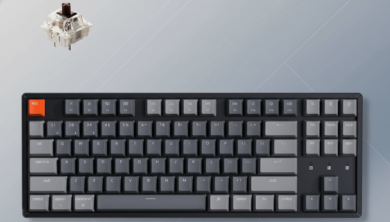 A professional image of a dark grey mechanical keyboard with an orange esc key and a single keyboard switch component floating above it, set against a subtle grey gradient background.