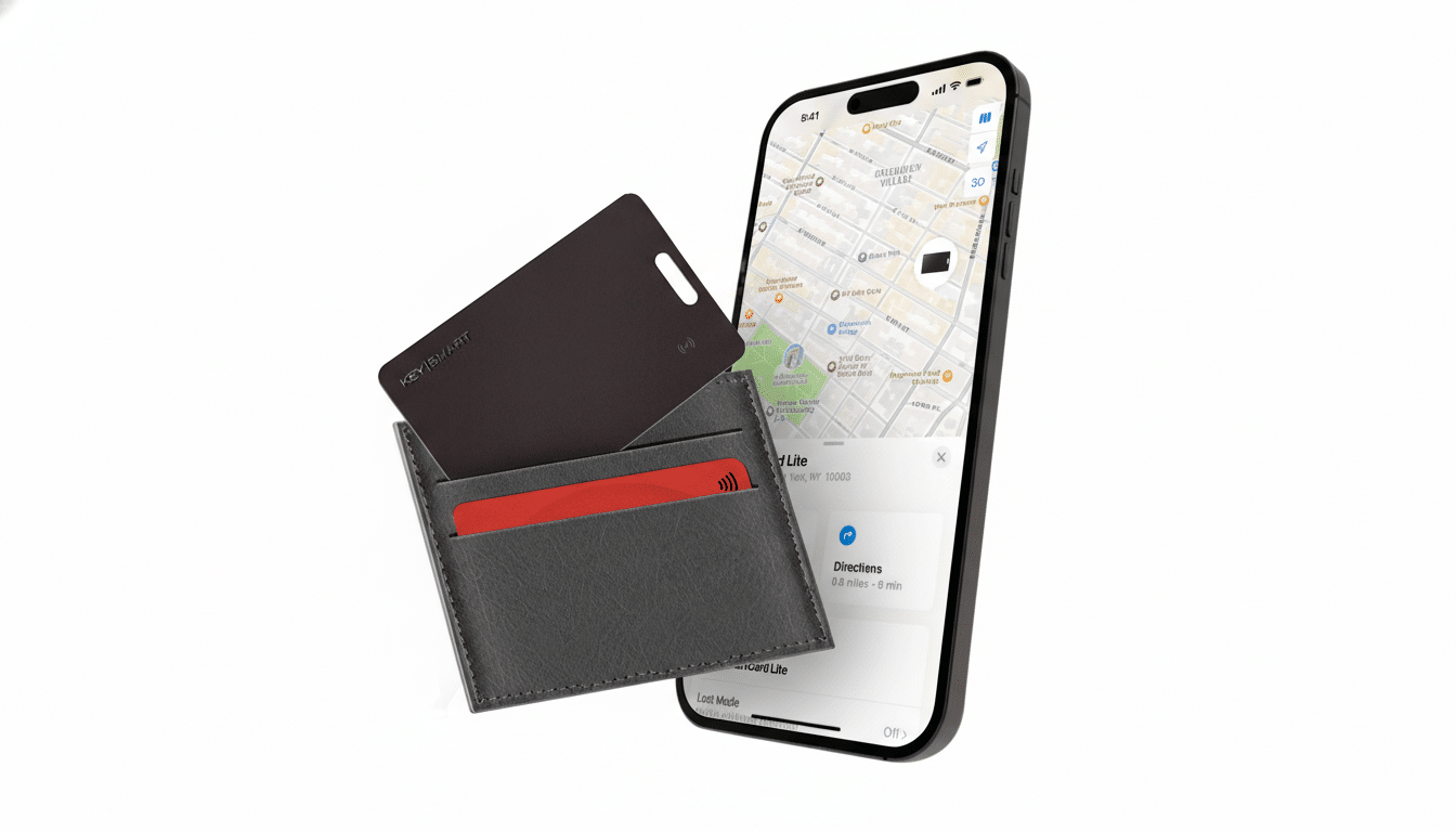 A black KeySmart card and a red card partially inserted into a gray wallet, positioned next to a smartphone displaying a map application.