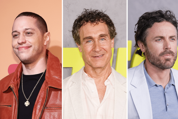 A 16:9 aspect ratio image featuring three men: Pete Davidson, Harry Hamlin, and Casey Affleck, each in their original backgrounds.