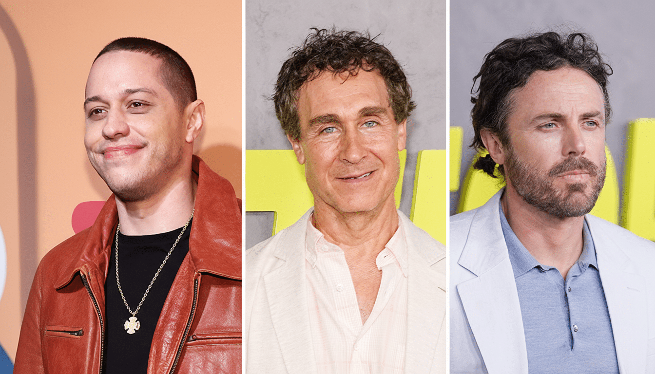 A 16:9 aspect ratio image featuring three men: Pete Davidson, Harry Hamlin, and Casey Affleck, each in their original backgrounds.
