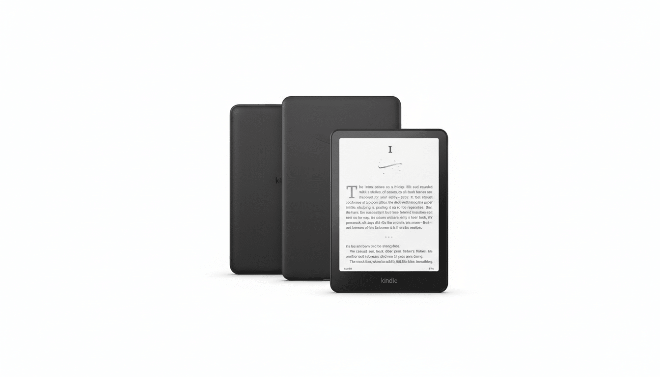 A black Kindle e-reader displaying text, with another Kindle device behind it, set against a clean white background.