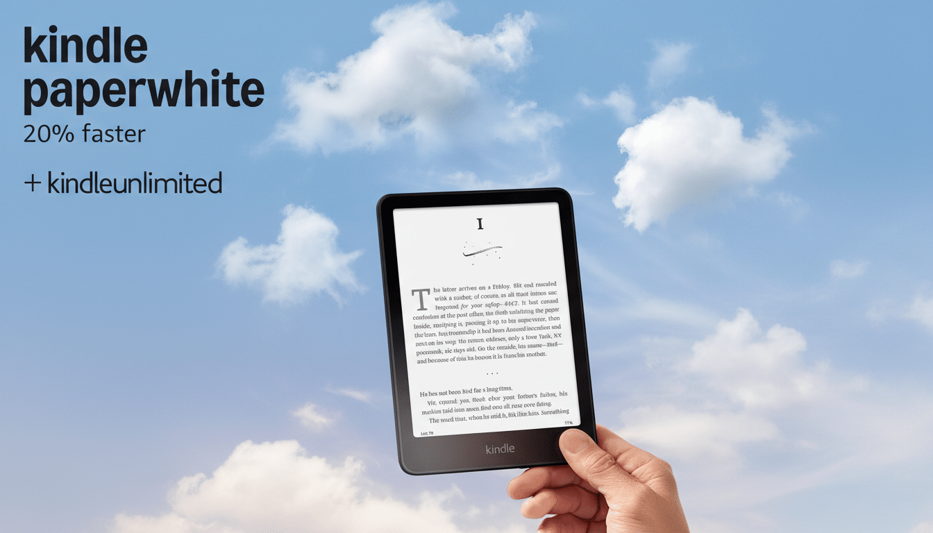 A hand holding a Kindle Paperwhite e-reader with text on the screen, set against a cloudy sky background. The top left corner features the text kindle paperwhite 20% faster + kindleunlimited.