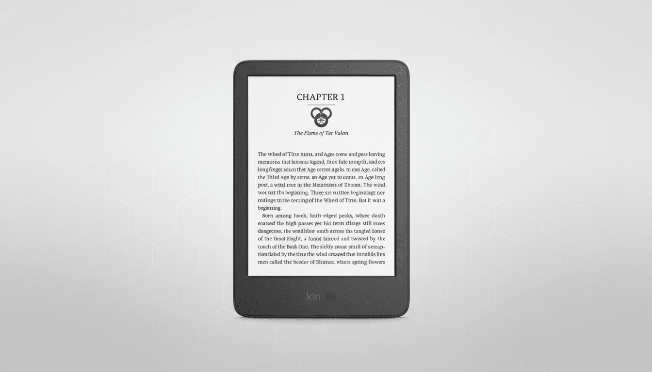A Kindle e-reader displaying Chapter 1 of a book, set against a professional flat design background with soft patterns.