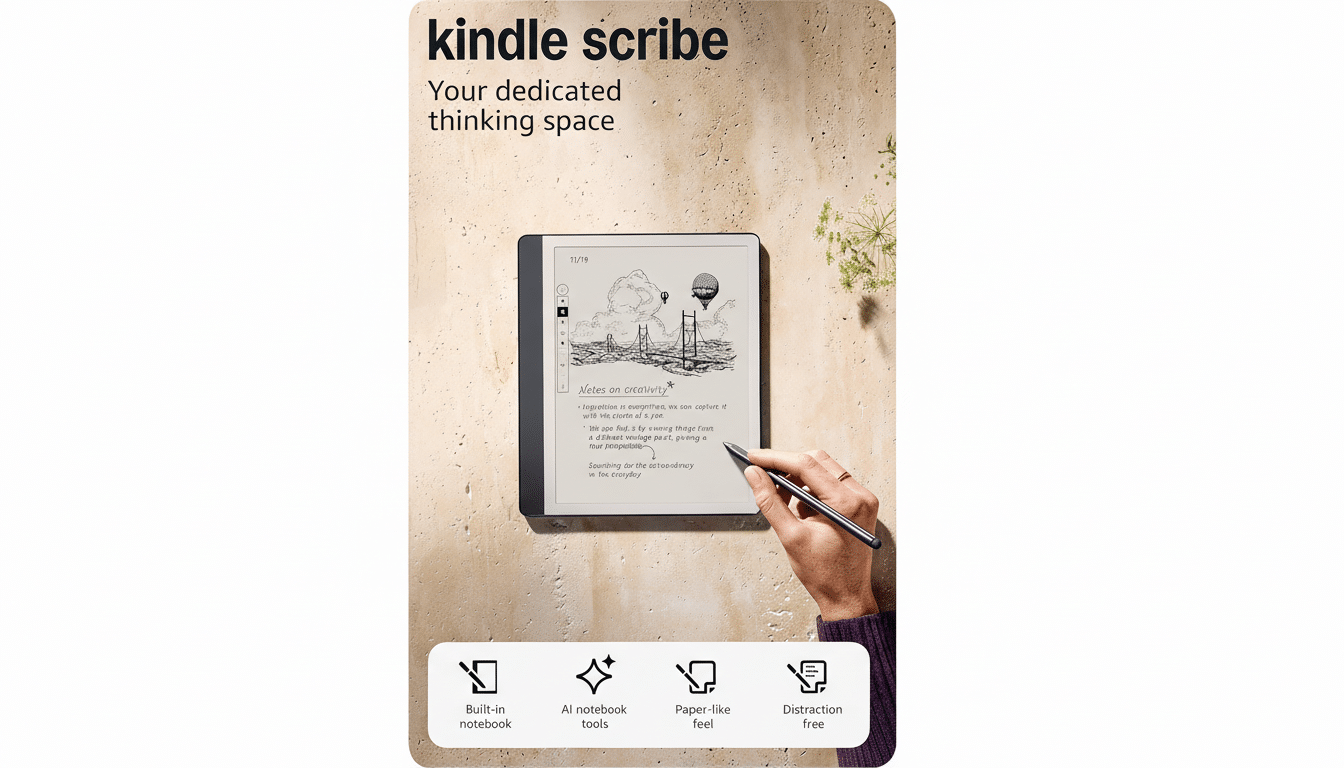 A Kindle Scribe e-reader with a hand holding a stylus, displaying Notes on creativity on its screen, set against a light-colored textured background with text kindle scribe Your dedicated thinking space at the top and four feature icons at the bottom.