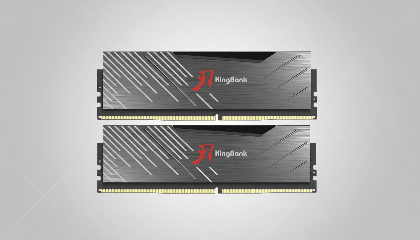 Two KingBank RAM modules with a gray and white striped design and a red logo, set against a professional light gray background with subtle geometric patterns.