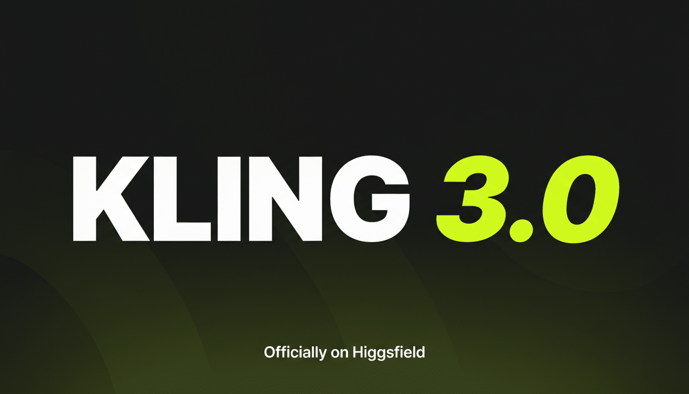 The text KLING 3.0 in white and bright green, with Officially on Higgsfield below it, set against a dark background with subtle green gradients.