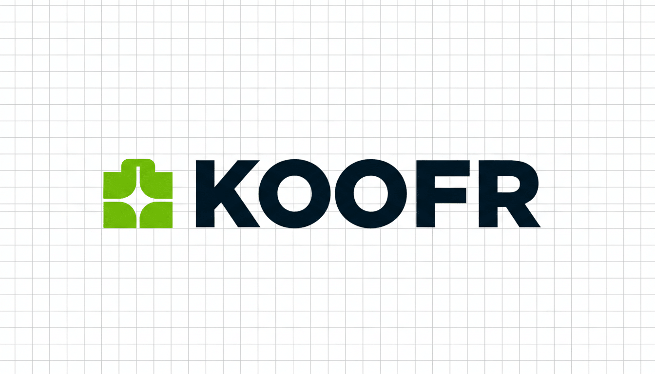 The KOOFRE logo, featuring a green abstract icon resembling a stylized K or a shopping bag to the left, and the word KOOFRE in dark charcoal sans-serif font to the right, all set against a subtle white grid background.
