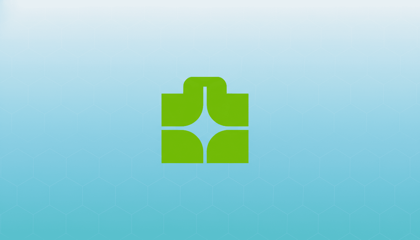 A green abstract logo resembling a stylized shopping bag or gift box, with a star-like negative space in the center, set against a professional light blue gradient background with subtle hexagonal patterns.